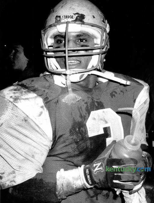 Danville High School's Jimmy Baughman on the sideline after scoring a touchdown in the first half of the Region 3 playoffs against Ft. Thomas Highlands, November 14, 1986. Danville blew a 14-0 lead, then came back to knock off previously undefeated Highlands 35-34 in double overtime before a near-capacity crowd in Admiral Stadium in Danville. Photo by David Perry | Staff