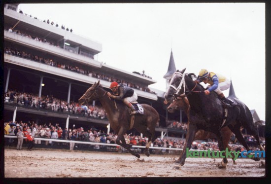 Personal Ensign, on the outside, with Randy Romero up, caught Kentucky Derby winner Winning Colors and Gary Stevens at the wire to win the 1988 Longines Distaff at Churchill Downs, November 5, 1988. Personal Ensign appeared to be hopelessly beaten at the top of the stretch but managed to run down Winning Colors and win by a head. This race is often is often referred to as the most exciting finish in Breeders' Cup history. This was the first year the Breeders' Cup was held in Kentucky. Photo by Ron Garrison | Staff