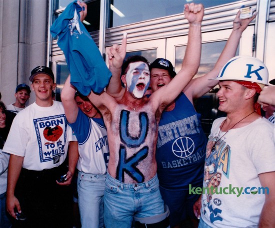 This group of Pikeville College students, outside Memorial Coliseum, were pumped about attending their first Midnight Madness on October 14, 1994. From left areJustin Hall, Tommy Chamberlain, Skeeter Walden, Gerald Vanover and Rod Runyon. Big Blue Madness moved to Rupp Arena in October of 2005. Photo by Mark Cornelison | Staff
