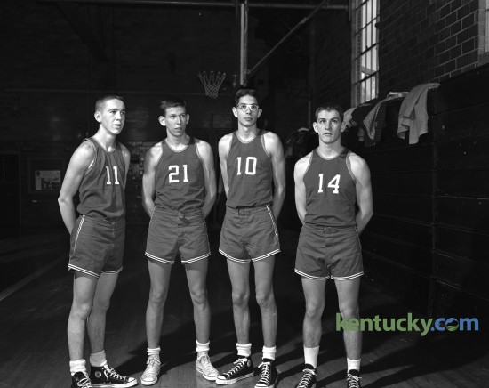Lafayette High School basketball.  Portrait of four players on the team including, from left to right, Roscoe Mitchell, Jeff Mullins, Ray Jorboe and Jim Burns. Published January 20, 1959. Today marks the opening of the 2015-16 Kentucky Boys basketball season. Herald-Leader Archive Photo