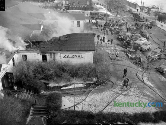 A bird's eye view of the Guignol Theatre fire on Euclid Avenue in 1947. This was the first Guignol Theatre which was built in 1927 and located at the northwest corner of Euclid Avenue and South Martin Luther King Blvd. Three years later, the Guignol reopened in the University of Kentucky's Fine Arts Building  Published in the Lexington Herald February 11, 1947. Herald-Leader Archive Photo