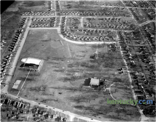 Aerial view of Castlewood Park  and surrounding area in February 1951. The 32.4-acre park is one of the city's oldest parks. The city of Lexington purchased  the Loudoun House, and the grounds in the 1920's and converted it into Castlewood Park and Community Center. The Loudoun House, which still stands in the park, lower right, was constructed as a residence for Francis Key Hunt and Julia Warfield Hunt in 1852. The Loudoun House is now owned by the city of Lexington and has been the Lexington Art League's administrative and curatorial home since 1984. Published in the Lexington Leader February 24, 1951. Herald-Leader Archive Photo