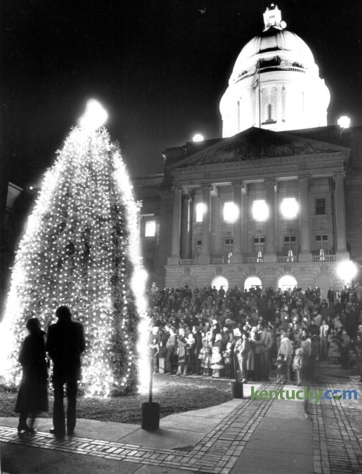 Hundreds of spectators turned out December 11, 1981 in near freezing weather for the lighting of the state Christmas tree on the plaza in front of the Capitol in Frankfort. This year's annual Commonwealth Christmas Tree Lighting was held last night. Photo by David Perry | Staff