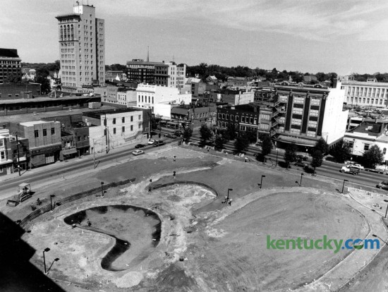 What would become downtown Lexington's Phoenix Park shown under construction in September of 1984. This view taken from Wallace Wilkinson's Park Plaza apartments. Phoenix Park was built on what was once the location of the Phoenix Hotel which was demolished in 1981. Photo by Frank Anderson | Staff