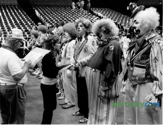 Dozens of clowns attending the Southeastern Shriners Association meeting in Lexington participated in the clown competition in Rupp Arena on August 8, 1988. Photo by Frank Anderson | Staff