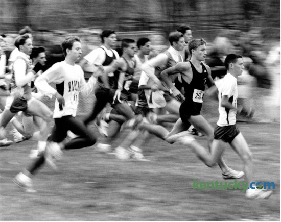 Runners take off at the beginning of the boys' Class 2A race at the Boys' State Cross Country Meet at the Kentucky Horse Park November 7, 1992. The state KHSAA Cross Country meet starts Saturday morning at the Horse Park.  Photo by Tom Marks | Staff