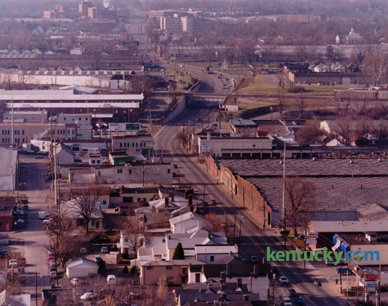 Aerial view of South Broadway, looking south from Maxwell Street, bottom of photo, toward Saint Joseph Hospital, top left, January 6, 1993. The view also includes several tobacco warehouses on the west side of the street, now the site of The Lex Apartments. Photo by Ron Garrison | Staff