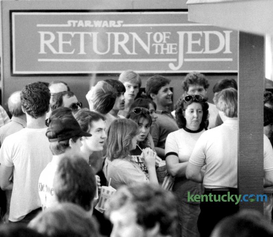 Six hundred and fifty-eight moviegoers attended a midnight showing of "Star Wars: Episode VI - Return of the Jedi" May 25, 1983 at the Southpark Cinemas in Lexington. Twentieth Century-Fox gave permission for the 950 theaters around the country that had booked the film to begin showings of the film as soon as it was May 25 (the anniversary of the release of the first Star Wars film). In Lexington, the calls to Southpark Cinemas began coming early, and by mid- afternoon people had shown up at the box office asking to purchase tickets. Theaters charged higher prices -- $4.50 in Lexington -- for the long-awaited sequel. By 11 p.m. the lobby was half-full of people wanting to get a good seat. The movie started at 12:01 a.m. to thunderous cheers and applause -- and at its ending there was a standing ovation. Star Wars fans continued to be out in force later in the day, with sell-out or near sell-out crowds for showings at both Southpark and Turfland Mall Cinemas. Southpark Cinemas was in the back of the South Park Shopping Center off Nicholasville Road. It later became a discount theater before closing in 2007. David Perry | staff