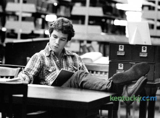 Chip Dailey, a University of Kentucky grad student from Frankfort, went over his notes for a business course while preparing for finals on December 17, 1978. This is finals week at UK. Photo by Ron Garrison | Staff