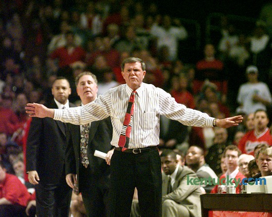 Louisville coach Denny Crum was upset at a call during the second half of No. 16 Louisville's 74-54 loss to No. 3 Kentucky, Dec. 31, 1996 at Freedom Hall in Louisville. The legendary coach of the Cardinals guided Louisville from 1971 to 2001, compiling a 675–295 record, two NCAA championships (1980, 1986) and six Final Fours. During his 30-year career, Crum was 7-13 against Kentucky. Photo by David Perry | staff