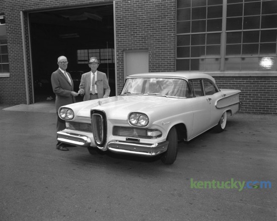 Nathan R. Garrison, right, a retired real estate broker, received the keys to the first Edsel (Ranger sedan) sold in Lexington, from Ralph Farmer Sr., the local Edsel dealer. The Edsel was developed by the Ford Motor Company during the 1958, 1959, and 1960 model years but never gained popularity with contemporary American car buyers and sold poorly. Published in the Lexington Herald-Leader September 8, 1957. Herald-Leader Archive Photo
