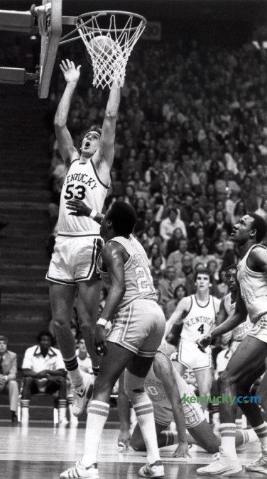 Kentucky's Rick Robey put up a shot against the University of Tennessee in Knoxville, February 25, 1978. UK cinched an NCAA berth with a 68-57 victory. Herald-Leader Archive Photo
