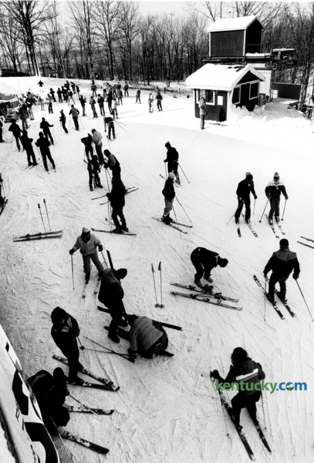 Skiers prepared to take to the slopes at Ski Butler in the General Butler State Resort Park on the first weekend of skiing on January 12, 1985. Located in Carroll County near the county seat of Carrollton, the park once operated as KentuckyÕs first and only ski resort, Ski Butler. It opened in 1982 but was forced to shut down in the mid-'90s because of the difficulty in maintaining snow as well as other issues. Photo by Charles Bertram | Staff