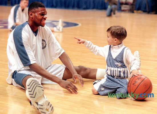 University of Kentucky basketball player Walter McCarty and Ryan Pitino, son of Wildcat coach Rick Pitino, during warm-ups prior to UK playing Alabama February 20, 1996 at Rupp Arena in Lexington. UK won 84-65. Photo by Frank Anderson | staff