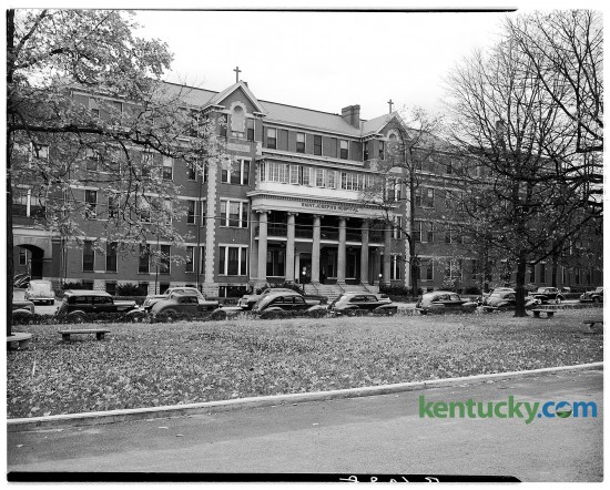 St. Joseph's Hospital at 544 West Second Street in Lexington, Nov. 1947. St. Joseph, Lexington's first hospital opened in 1877 and was initially located on Lincoln Walk, near Maxwell Street. In 1878 it relocated to this Second Street location, going through several additions and renovations in the 81 years to follow. In 1959 they moved to their current location on Harrodsburg Road. The four-story building pictured, which had a 300-bed capacity, was razed in 1966. It is now the site of Connie Griffith Manor, a 10-story senior housing apartment managed by the Lexington Housing Authority. Published in the Lexington Herald-Leader November 16, 1947. Herald-Leader Archive Photo