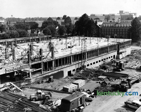 Construction of the University of Kentucky's Chemistry-Physics Building, located at the intersection of Rose Street and Funkhouser Drive, August 1961. The six million dollar building, which was built on the site of the president’s garden and tennis courts, was completed in 1962. It tripled the amount of space the two departments previously had. Just behind, and to right of the constrcution is Kinkead Hall, which was built in 1930 as a dormitory and now contains offices. Herald-Leader Archive Photo