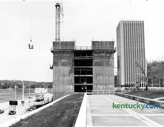 Construction continued on the Capital Plaza Hotel in Frankfort on May 11, 1983. The 189-room hotel opened on Dec. 30, 1983, and became one of the first places in Central Kentucky to serve alcohol on Sunday. The $13 million hotel was built by a company headed by Lexington developer Wallace Wilkinson, who was elected Kentucky's governor in 1987. Photo by John C. Wyatt | Staff