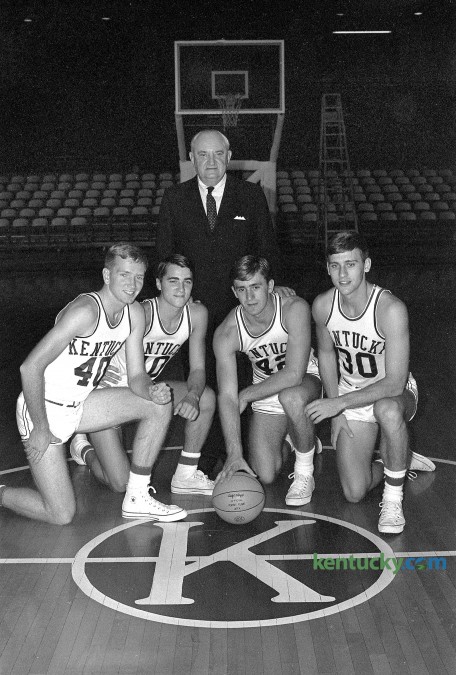 University of Kentucky basketball coach Adolph Rupp posed with his returning starters in October 1965 prior to the 1965-66 season. From left are,  Larry Conley, Louie Dampier, Pat Riley and Tommy Kron. This team would be known as Rupp's Runts and would lose the NCAA Championship game 72-65, to Texas Western (now UTEP). It was announced that Conley would be be honored at the 2016 Southeastern Conference Tournament as UK’s SEC Basketball Legend. Herald-Leader Archive Photo