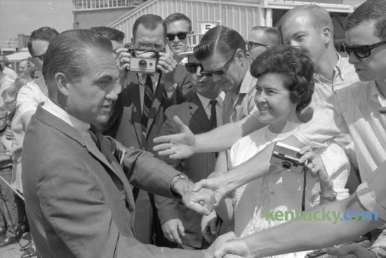 Independent presidential candidate George Wallace was greeted by supporters after he arrived at Blue Grass Field in Lexington on his way to deliver a speech at he University of Kentucky in September 1968. Published in the Lexington Herald September 15, 1968. Herald-Leader Archive Photo