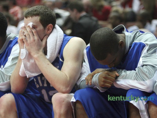 Kentucky's Michael Porter, left, and Jodie Meeks showed their disappointment at their impending loss to Marquette as in the first round of the NCAA tournament held at the Honda Center in Anaheim, Ca., on Thursday, March 20, 2008. The Wildcats, under first year coach Billy Gillispie, finished the season 18-13. Photo by David Stephenson | Staff
