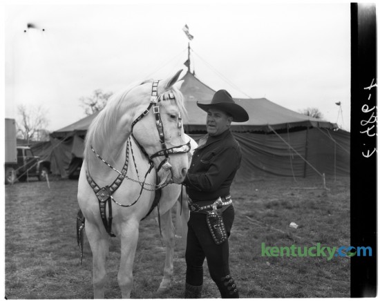 Ken Maynard and his horse Tarzan posed for a photo outside the bigtop of Biller Brothers Circus in April 1950. It was the first circus of the season to come to Lexington in 1950 and set up out off Newtown Pike. Published in the Lexington Leader April 15, 1950. Herald-Leader Archive Photo