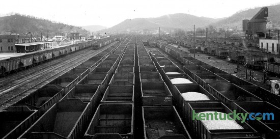Several hundred empty Louisville and Nashville (L & N) Railroad cars that would normally be hauling coal from Eastern Kentucky, sat were idle in the yards at Ravenna in Estill County on March 24, 1955, due to a strike against the railroad by non-operating employees (telegraphers, tracke men and clerks). The 57-day strike, one of the longest walkouts in rail history, paralyzed 14 southern states, stalling transportation and freight and shutting down coal mines. The strike stemmed from the L & N balking at accepting a health plan negotiated by the nonoperating worker unions with other railroads, calling for joint employer contributions. The L & N protested both a the cost, a $3.40 monthly payment an employee and at the fact that all employees would be compelled to join and contribute an equal amount. The walkout was marked by shootings of strikers and nonstrikers, and by train and bridge explosions. One striker was killed and each side blamed the other for the violence. Published in the Lexington Heald March 25, 1955. Herald-Leader Archive Photo