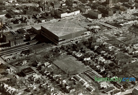 Aerial photo of the South Hill neighborhood in late January 1976. At the time, the Urban County Council had reaffirmed its decision to level most of the houses south of High Street to make way for a 16 acre surface parking lot for what would become Rupp Arena and Lexington Center. Construction of the Hyatt Regency Hotel had just started. The decision would make way for the 2,000 plus  parking spaces in the low-income residential area of South Hill. Despite a public movement to save the neighborhood the majority of the houses were torn down by early 1978. Photo by Ron Garrison | Staff