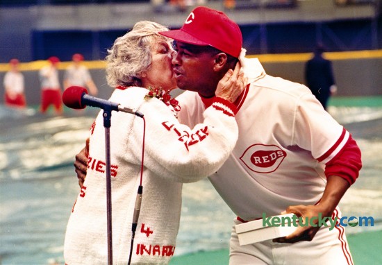Cincinnati Reds owner Marge Schott gave a kiss and a World Series ring to Jose Rijo before the 1991 season opening game against the Houston Astros at Riverfront Stadium, April 8, 1991. Rio, who was the World Series MVP, and all the players on the 1990 team received rings before the game. Photo by Charles Bertram | Staff