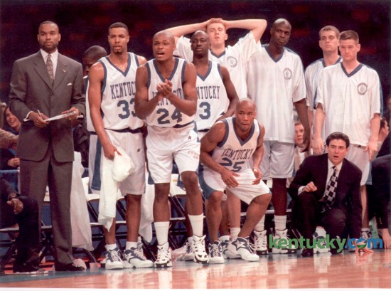 The UK basketball team along with coach Rick Pitino intensely watched the action on the court during their 95-75 win over Arkansas in the SEC  Tournament in New Orleans, LA, March 9, 1996. UK ended up losing the tournament to Miss.  State 73-84 on March 10 marking the first time UK had lost the SEC Tournament  since 1989. Photo by Frank Anderson | Staff
