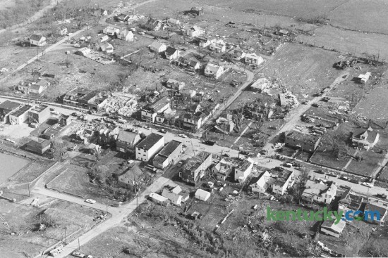 The Scott County town of Stamping Ground lay nearly leveled the day after being hit by a tornado on April 3, 1974. April 3-4 mark the 42nd anniversary of a super tornado outbreak that saw 148 twisters touch down in 13 states. By the time it was over 330 people were dead and 5,484 were injured in a damage path covering more than 2,500 miles. Fortunately no one was killed in Stamping Ground. Photo by Ron Garrison | Staff