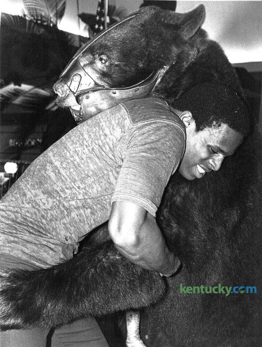 University of Kentucky wrestler Fred Ringo accepted the challenge and took on Victor the traveling wrestling bear at Fayette Mall on Wednesday September 24, 1980, as part of the mall's ninth anniversary celebration. Victor stood 6'9" tall and weighed over 650 pounds. Anyone over the age of 18 could wrestle Victor. Photo by Ron Garrison | Staff