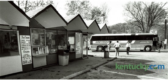 A Greyhound bus on a run from Paintsville to Mt. Sterling made an unscheduled rest room stop at the Frosty Freeze drive-in in Frenchburg, in Menifee County on November 2, 1983. Photo by Charles Bertram | Staff