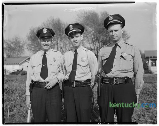 Three new Fayette County patrolmen, Thomas Shannon, Cecil White, and Richmond Taylor, appointed by County Judge W.E. Nicholas, began their patrol duty in April 1948. Forty police recruits will graduate today from the Lexington Police Training Academy, the largest class since 1998. Published in the Lexington Herald April 20, 1948. Herald-Leader Archive Photo