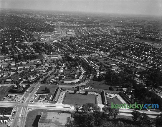 Aerial photo of the Springs Motel Looking east towards the Southland Shopping Center and subdivision. Harrodsburg Road runs left to right at the bottom of the photo. Lane Allen Road intersects it at the lower left corner. The motel opened in 1948 with 68 rooms on Harrodsburg Road, which was a two-lane road at the time. Published January 14, 1962. Herald-Leader Archive Photo