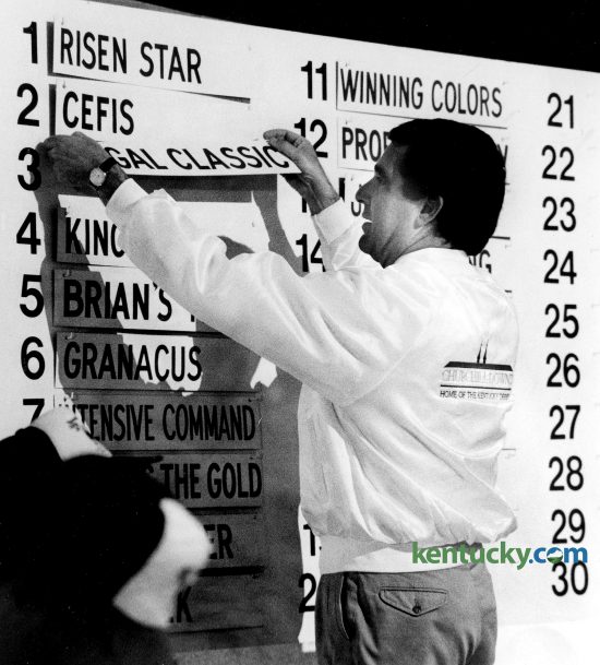 Louisville Mayor Jerry Abramson puts up the last name drawn for the 1988 Kentucky Derby, Regal Classic in post position No. 3, May 5, 1988 in Louisville. 17 3-year-olds entered in the 114th running of the Derby with the winner taking home $611,200 of the $786,200 purse. By comparison, the 2016 purse is $2 million, with $1.24 million going to the winner. Trainer D. Wayne Lukas' Winning Colors drew an ideal spot in the No. 11 stall in the gate and ended up winning the Run for the Roses two days later. She was the only filly in the race. Photo by Ron Garrison | staff