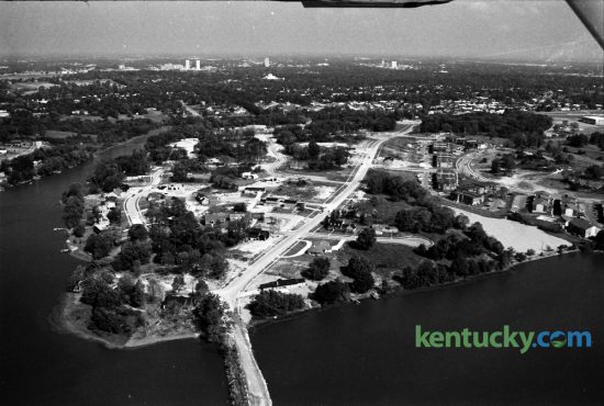 Aerial view of Lakeshore Drive and Lakeview Estates which was in the process of being developed in late August 1973. The fashionable new neighborhood was being developed along the reservoirs formerly operated by Kentucky-American Water Company. This view from the south looking north shows homes still under construction and an apartment complex at 515 Lake Tower Drive. Photo by John C. Wyatt | Staff