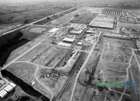 Aerial view showed construction progress on the Toyota Motor Manufacturing plant in Scott County near Georgetown, May 21, 1987. The plant, Toyota’s largest manufacturing plant outside of Japan, began production in May 1988, building the 1989 model four-cylinder Camry. To the left is Cherry Blossom Way. Photo by Frank Anderson | Staff