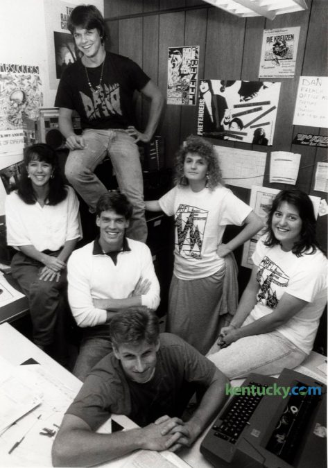 WRFL radio station staff in the office basement of Miller Hall on the UK campus September 29, 1987. Top of photo: Mark Beaty. From left to right: Leslie Lyons, Scott Ferguson and Rhea Perkins. Foreground: Jack Kirk and front right: Ellen Jett. Herald-Leader Staff Photo