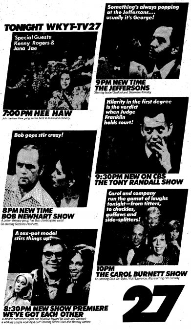 Advertisment in the Saturday Herald and Leader, Oct. 1, 1977, for the primetime TV line-up on WKYT-27 in Lexington. Highlights include Hee Haw, the Bob Newhart Show and The Jeffersons.