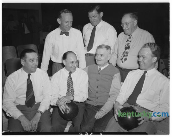 Lions Den Bowling Team which finished first in the Service Clubs Bowling League at Blue Grass Lanes on April 12, 1948.  Front, Monroe Shepherd, Alvin Meyer, Dan Haefling, and R.J. Manning.  Second Row, E.W. Essig, I.B. Jones and I.J. Abraham. Published in the Lexington Herald April 22, 1948. Herald-Leader Archive Photo