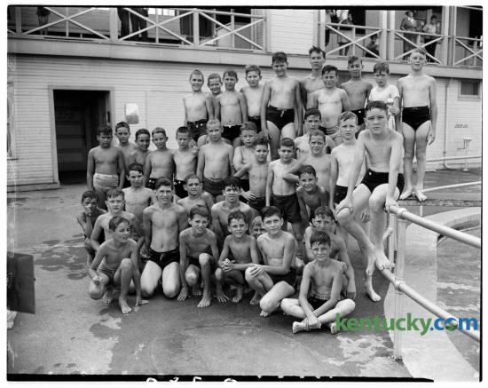 Free learn-to-swim classes at Joyland pool in June, 1944.  Shot of the group of boys who participated in the Herald-Leader boys' swim course at Joyland pool.  The group pictured includes a few of the many boys who passed the beginner's swimming test. Published in the Lexington Herald June 25, 1944. Herald-Leader Archive Photo
