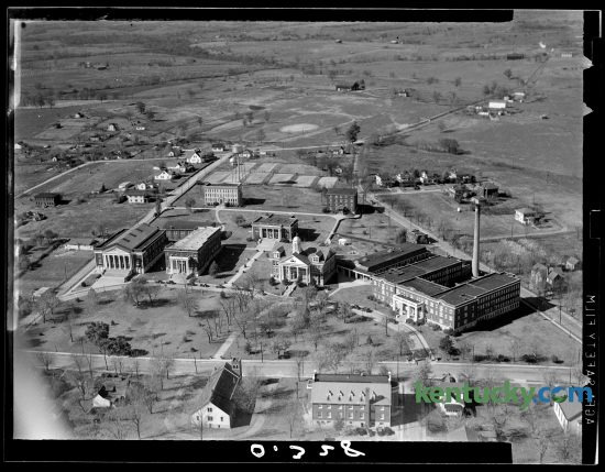 Aerial view of Asbury College in Wilmore in Jessamine County, 1940. At the time of this photo, enrolment was just above 500. Today, the four-year, multi-denominational institution in Jessamine County teaches about 1,800 studnts. It was renamed Asbury University in 2010. The building in the middle with the white dome is the Hager Administration Building. Running left to right across the bottom of the photo is North Lexington Avenue. Sister school, Asbury Theological Seminary, seperated from the college because of accreditation requirements around the time of this photo. Some of its buildings can bee seen along the bottom of the picture. Herald-Leader file photo