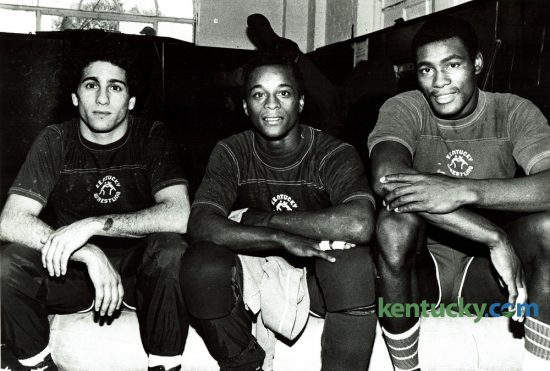Three members of the University of Kentucky wrestling team, Ricky Dellagatta, left, Reggie Burke and James Johnson, posed for a photo in the fall of 1979. Johnson has been named to the Class of 2016 Kentucky Athletics Hall of Fame. He was a four-year letterman who started from 1977-80 as a 190-pounder. Johnson was a three-time SEC medalist. His post college career included being a member of the USA National Wrestling Team for 12 years, named USA Wrestling's Athlete of Year in 1993. He began his coaching career as graduate assistant at UK. He coached in the 2012 Olympics and is on the training staff for the 2016 Olympics. Photo by Christy Porter | Staff