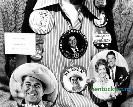 Jefferson County delegate Johnny Ray Ashby showed off some of his buttons supporting President Ronald Reagan at the Kentucky Republican Convention, May 12, 1984. At the convention, Kentucky Republicans decided to send 37 delegates in support of Reagan to their party's national convention that summer in Dallas. By contrast, 46 delegates are headed to Cleveland for this year's convention which begins Monday. Photo by Ron Garrison | staff