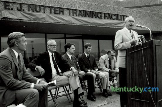 Dedication of the $5.7 million E.J. Nutter Training Facility, at that time a major upgrade to Kentucky football's training facilities, took place on September 11, 1987. Speaking was E. J. Nutter, a UK alumnus who contributed one million dollars to start the fund-raising campaign. From left were Cliff Hagan, athletics director, Otis Singletary, former university president, David Roselle, university president, Seth Hancock, a Kentucky horseman who donated $300,000 and Jerry Claiborne, UK's head football coach. UK's new $45 million football training facility, beside Commonwealth Stadium, will be ready for the team the first week of August. Photo by Jocelyn Williams | Staff