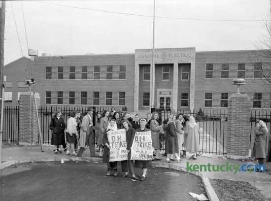 Some of the more than 100 female protesters took their position in front of the General Electric Company Lamp plant on Rosemont Garden on the morning of March 23, 1948. The United Electrical, Radio and Machine Workers union pulled its members from the Lexington lamp plant on a "surprise" work stoppage about  6am. The strike was called because of the company's stalling tactics in talks concerning U.E. recognition as the sole bargaining agent at the plant. Six U.E. members were arrested for blocking an entrance to the plant. General Electric Lighting announced Friday it will close two plants in Kentucky, one in Somerset and the Lexington plant by August 2017. Published in the Lexington Leader March 23, 1948. Herald-Leader Archive Photo