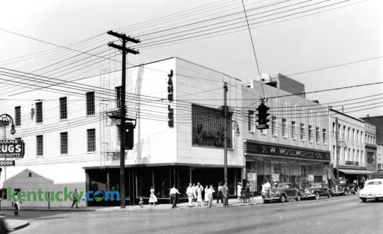 View of Main Street in downtown Lexington looking west in August of 1948, a month before the F.W.Woolworth store was to open. The business'  making up this block included Jane Lee, left, Woolworth, and Graves Cox. The buildings on this block were razed in 2008 to make way for the CentrePointe development. Published in the Lexington Herald-Leader August 29, 1948. Herald-Leader Archive Photo