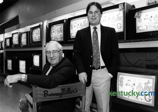 Harry Miller and son Barney Miller inside their electronics store, Barney Miller's, on East Main Street in downtown Lexington, Oct. 21, 1988. The store was opened in 1922 by Barney Miller, Harry's father, as an auto accessory store. He began selling radios about one year after opening and radio became his exclusive product during the depression of the 1930s. After a trip to the 1939 World's Fair in New York where they saw a RCA demonstration of television, the father and son team ordered 10-inch black and white sets to sell. Harry sold the first TV in Kentucky to Warren Wright Jr. at Calumet Farm for $600. Harry took charge of the company in the late 1940s and '50s because his father, who died in 1965, was ill during those years. The younger Barney took over in the 1980s. Photo by Charles Bertram | staff