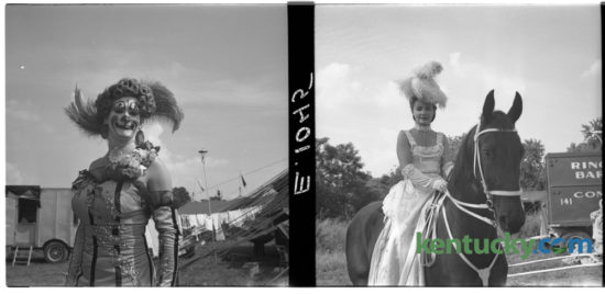 Two unidentified performers with Ringling Brothers, Barnum and Bailey Circus, wait for their show call outside the big top in Lexington July 27, 1950. These photos are part of a series or portraits Herald-Leader photographer John C. Wyatt produced while the circus was in town for a one-day two-performance stand at the show grounds on Newtown Pike. The Ringling Bros and Barnum Bailey Circus Xtreme has been in Rupp Arena this weekend and will have two more shows today, at 2pm and 7pm.