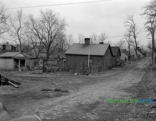Rundown housing along an alley that was part of Kenton Street, showing an area that was part of the city's slum clearance project in March 1954. Published in the Lexington Leader March 24, 1954. Herald-Leader Archive Photo